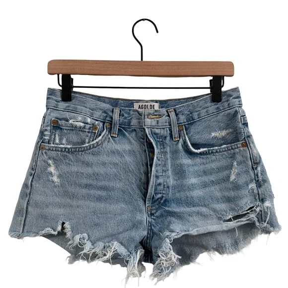 Agolde Faded Blue Ripped Jean Shorts - Picture 2 of 9